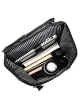 Oxford cloth backpack bag with striped interior and personal items