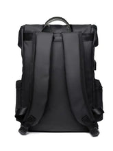 Black oxford cloth backpack bag with roll-top and padded straps
