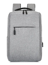 Light gray oxford cloth backpack with adjustable straps and USB port