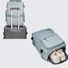 Light gray oxford cloth travel backpack with shoe compartment