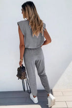 Gray padded shoulder top sleeveless and matching joggers lounge set for comfortable casual wear
