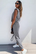 Gray sleeveless jumpsuit with relaxed fit and drawstring waist from padded shoulder top and joggers lounge set