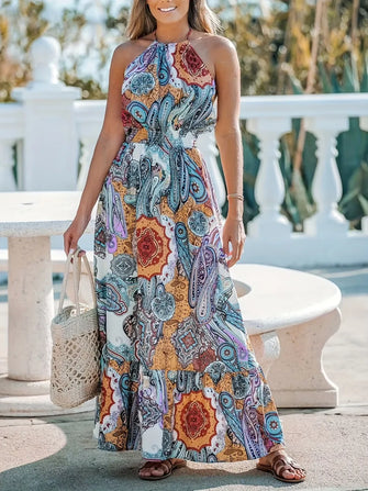 Paisley Print Halter Maxi Dress Pastel Blue