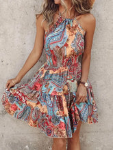 Paisley Print Halter Neck Mini Dress Orange And Blue Woman Casual Dress