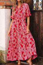 Paisley Print Side Slit Puff Sleeve High Waist Maxi Dress Red Casual Dresses