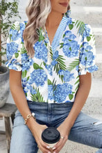Blue hydrangea and green leaf print neck short sleeve blouse with puffed sleeves and striped patchwork collar