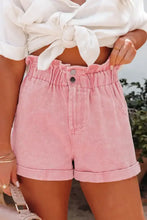 Pink paperbag waist denim shorts with cuffed hems