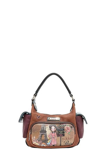 Paris-Themed Eco-Leather Shoulder Bag in Brown and Burgundy Caramel One Size