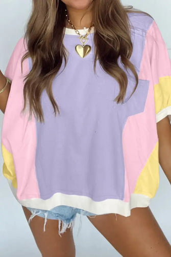 Pastel Color Block T-Shirt with Heart Pendant and Pocket Lavender Woman T Shirts