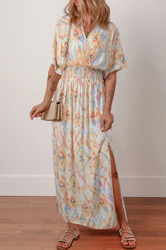 Pastel Floral Print Maxi Dress with Smocked Waist and Side Slit Floral