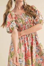Pastel floral print summer dress with ruffled neckline and short sleeves