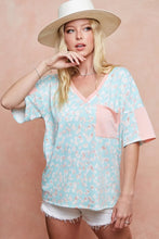 Pastel Leopard Printed French Terry V-Neck Top for Women MINT COMBO