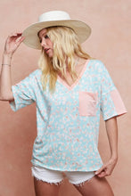 Pastel Leopard Printed French Terry V-Neck Top for Women