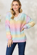 Pastel Rainbow Gradient Knit Sweater with Crochet Detailing and Tassels Pink Multi Sweater Pullovers