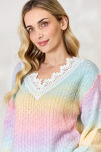 Pastel Rainbow Gradient Knit Sweater with Crochet Detailing and Tassels Sweater Pullovers