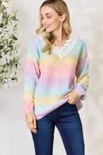 Pastel Rainbow Gradient Knit Sweater with Crochet Detailing and Tassels Sweater Pullovers