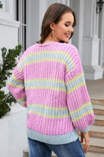 Pastel rainbow striped lantern sleeve cardigan with dropped shoulder