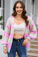 Pastel rainbow striped lantern sleeve cardigan with dropped shoulder