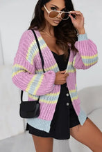 Pastel rainbow striped lantern sleeve cardigan with dropped shoulder