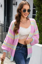 Pastel rainbow striped lantern sleeve cardigan with dropped shoulder