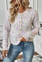Pastel speckled floral print button-front cardigan sweater in white and multicolored