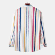Vibrant pastel striped button-up shirt, machine wash cold, air dry
