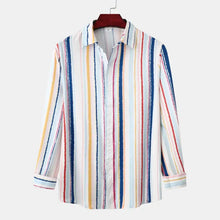 Vibrant pastel striped long-sleeved button-up shirt, machine wash cold, air dry