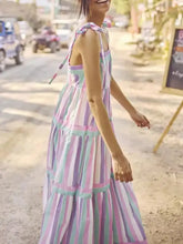 Pastel striped tiered maxi dress with tied contrast wide strap