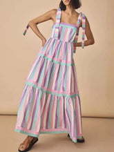Pastel striped tiered maxi dress with tied contrast wide strap