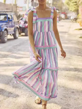 Pastel striped tiered maxi dress with tied contrast wide strap