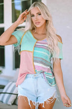 Multicolored patchwork round neck cold shoulder top with short sleeves and denim shorts