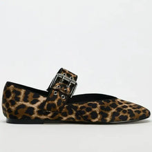 Leopard print round toe flats with black buckle detail