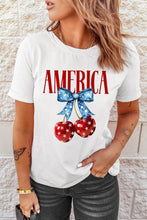 Patriotic America Bow Cherry Crewneck T Shirt for Women White