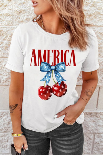 Patriotic America Bow Cherry Crewneck T Shirt for Women White