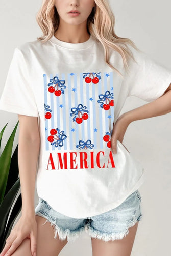 Patriotic Cherry America Graphic White T Shirt for Women White