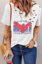 White distressed short sleeve t-shirt with patriotic eagle graphic round neck
