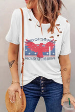 White distressed short sleeve t-shirt with patriotic eagle graphic round neck