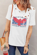 White distressed short sleeve t-shirt with patriotic eagle cutout graphic round neck