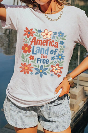 Patriotic Floral America Land of the Free White T Shirt for Women White