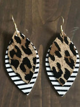 Layered leather leaf dangle earrings with leopard and striped patterns