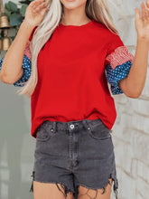 Patriotic short sleeve red cotton top with ruffled sleeve round neck and red white stripes with blue stars on denim fabric