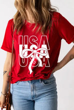 Patriotic USA bow graphic on red t-shirt