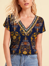 Patterned V Neck Short Sleeve Blouse for Women Multicolor
