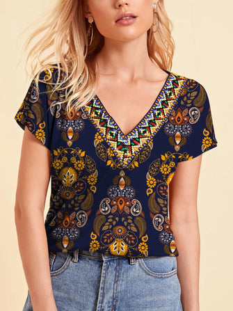 Patterned V Neck Short Sleeve Blouse for Women Multicolor