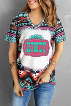 Patterned V-Neck Short Sleeve T-Shirt for Women Turquoise