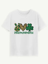 White short sleeve Peace Love Irish t-shirt with peace sign, heart, shamrock