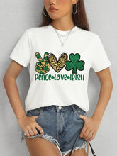 White short sleeve t-shirt with Peace Love Irish graphic design