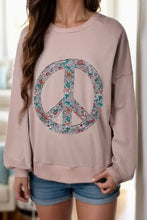 Blush pink peace sign applique long sleeve sweatshirt with floral graphic