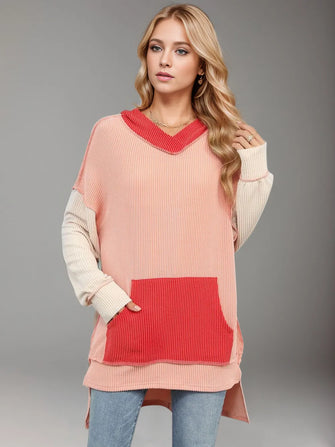 Peach and Coral Colorblock Hooded Ribbed Tunic with Pocket Orange