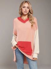 Peach and Coral Colorblock Hooded Ribbed Tunic with Pocket